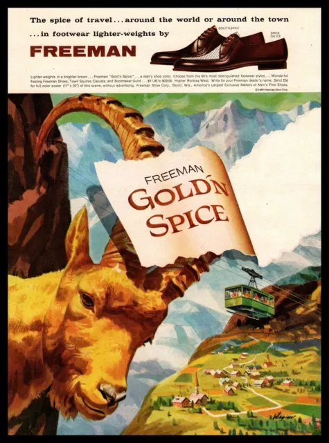 1960 Freeman "Gold 'N Spice" Dress Shoes Beloit WI Mountain Goat Ram Print Ad