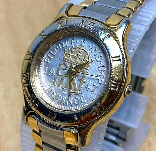 Vintage Coinwatch Lady Six Pence Coin Swiss Analog Quartz Watch~New Battery