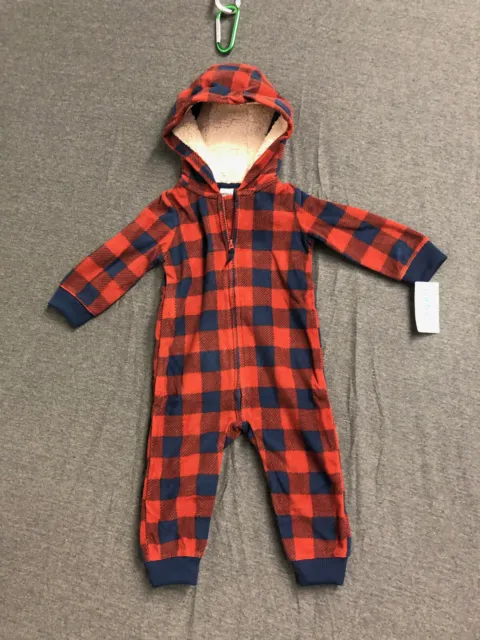 Carter’s Baby Boy Hooded Jumpsuit 12 Months Red Blue Buffalo Plaid Fleece NWT