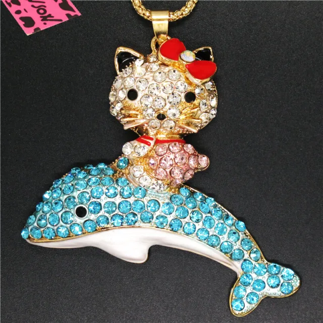 Hot Betsey Johnson Cute Bow Blue Cat Dolphin Crystal Pendant Chain Necklace