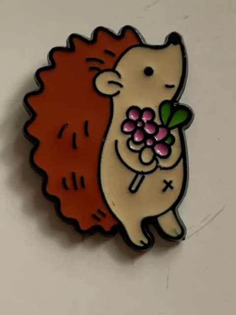 Cute Hedgehog Flowers Metal Pin Badge + Gift Bag. Christmas Stocking Filler