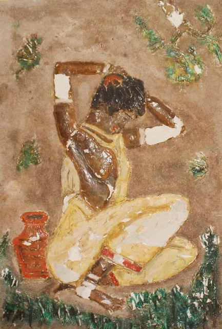 peinture à l'huile/collage expressionniste vintage portrait de femme nue