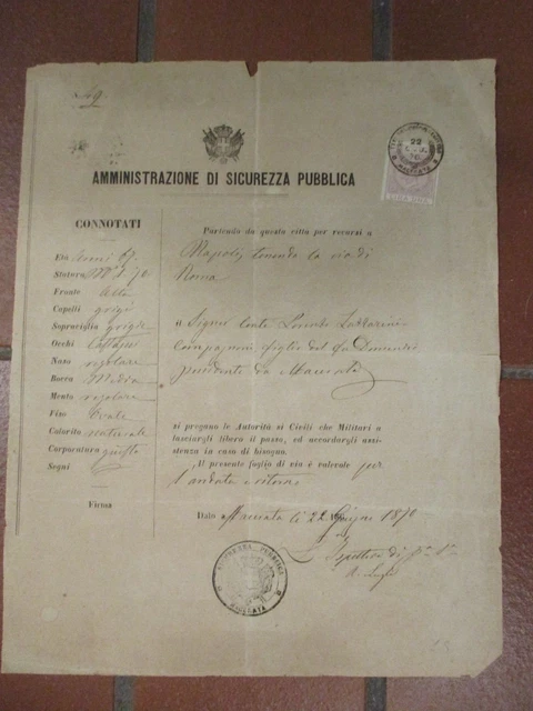 Lasciapassare Passaporto Foglio Di Via Macerata Napoli 1870 Conte Lazzarini Lasciapassare Passaporto Foglio Di Via Macerata Napoli 1870 Conte Lazzarini