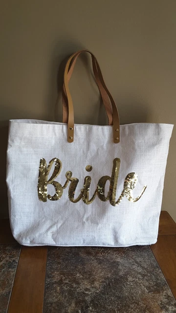 Mud Pie Wedding/Bridal Cream Color Burlap Bling Bride Tote