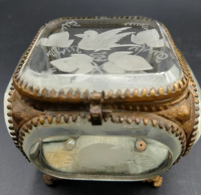 Antique French Rare Etched Beveled Glass Square Casket Trinket Brass Jewel Box