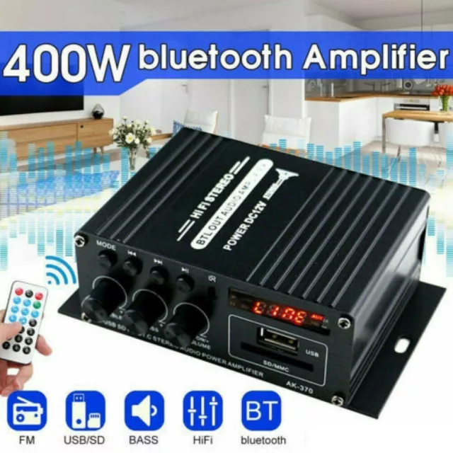 12V HiFi Bluetooth Power Amplifier Mini Stereo Audio FM Car Home AMP Remote 400W