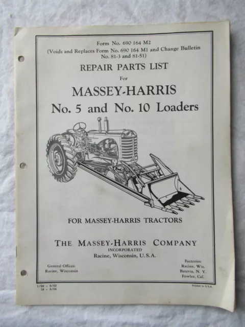 1962 Massey-Harris No 5 10 Farm Loaders Repair Parts List Catalog Manual