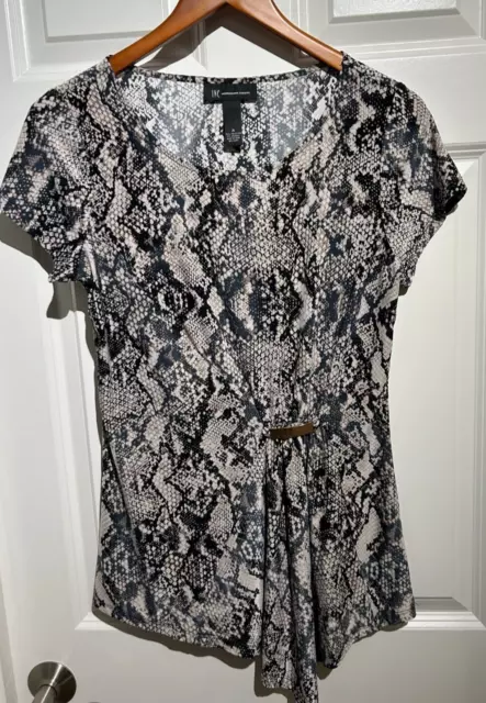 INC International Concepts Sz M Short Sleeve Animal Print Top Black/Beige