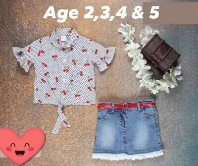 Girls Demin Skirt And cherry Top Set with belt Age 3 New With Tags