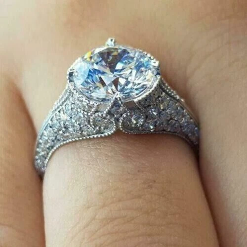 Victorian Vintage Art Deco 3Ct Diamonds Womens Bridal Ring 14K White Gold Plated
