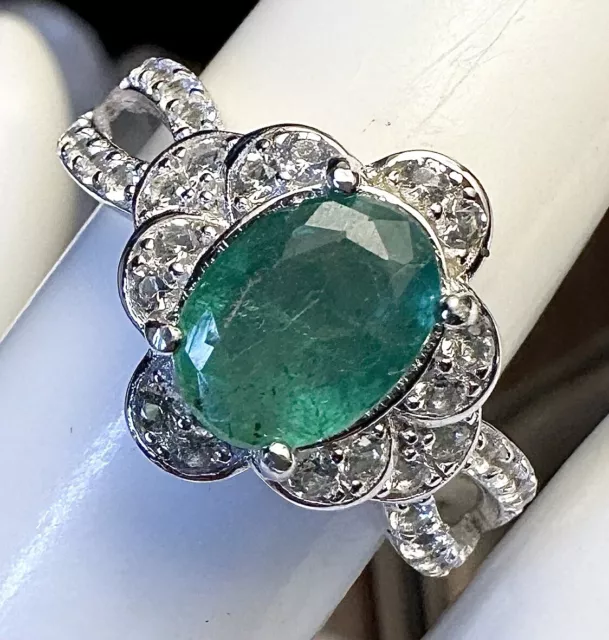 Lovely Natural Emerald (Tested) 925 Sterling Silver White Topaz Ring Sz 7