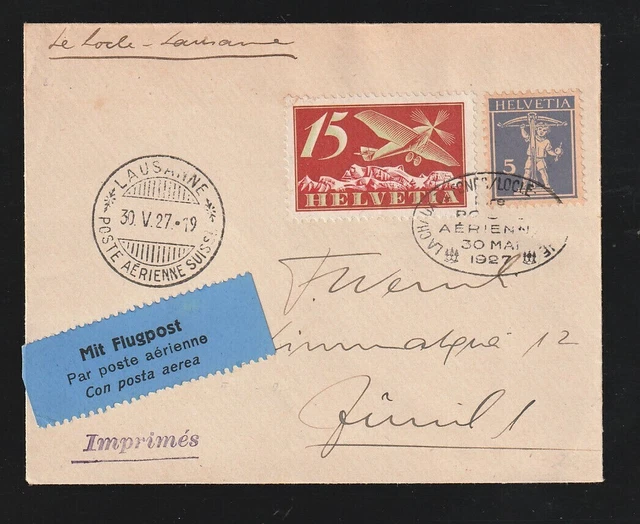 SCHWEIZ 30.5.1927 Erstflugbrief  LeLocle-Lausanne, Michel 179+200, gut erhalten.