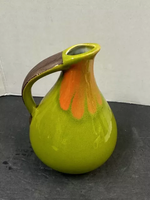 Vintage Ceramic Art Pottery Olive Green Decorative Pitcher Jug Bud Vase 7.5"Tall