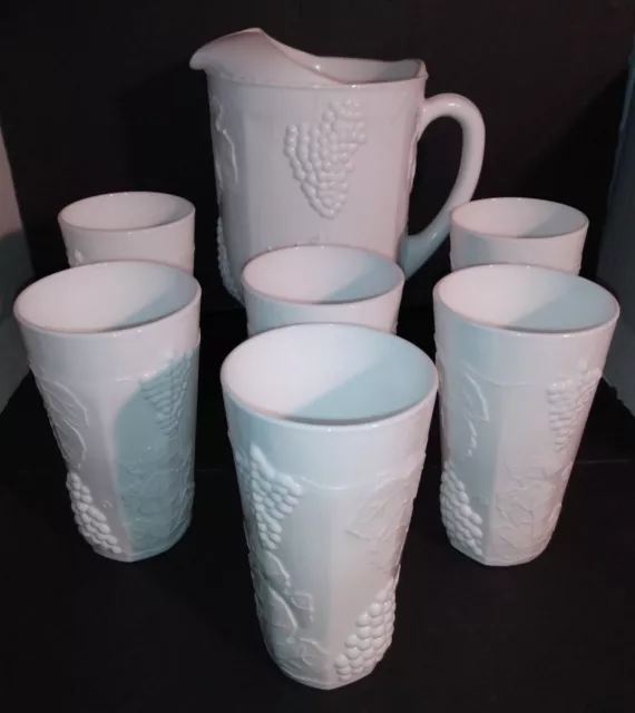 Indiana Glass Colony Harvest Grape Milk Glass Set of Pitcher & 6 Tumblers HEAVY!