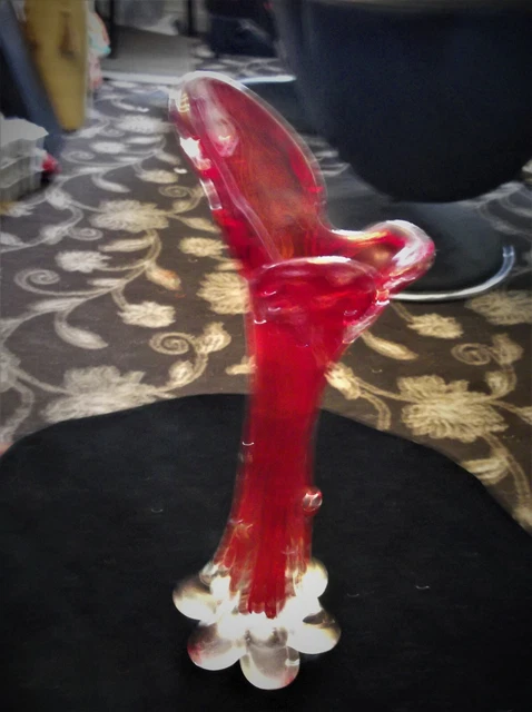 Vintage Retro Heavy Art Glass Vase Clear Petal Base Ruby Red Body & Raised Bark