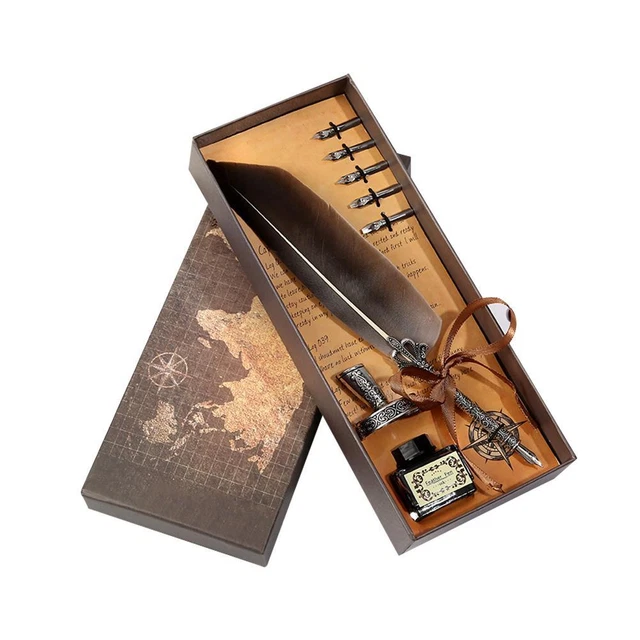 Socobeta Federkiel-Set – Handgemachte Feder, Leder-Notizbuch & Tintenflasche In Geschenkbox, Retro-Stil