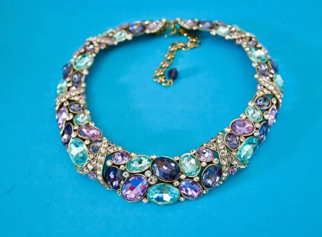 New $330 HEIDI DAUS Crystal X-Collar Multi Strand Necklace Violet Aqua