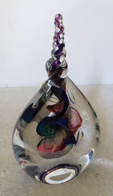 Adam Jablonski Art Glass Crystal Teardrop Twist Top Paperweight Poland - Signed