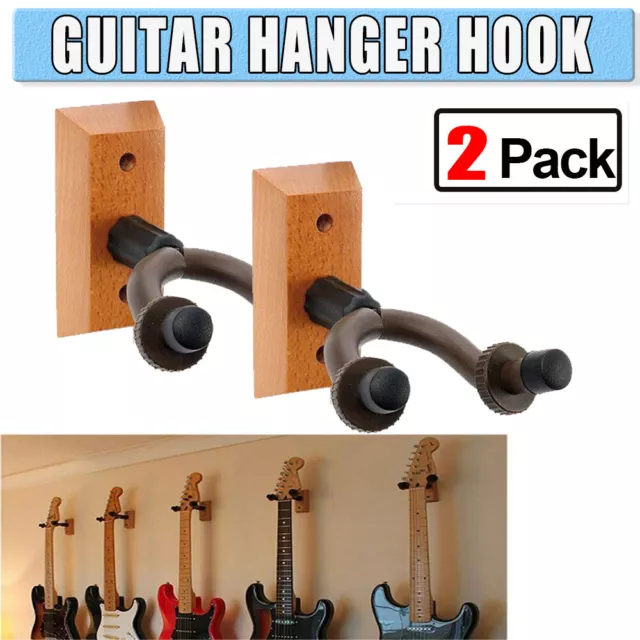 2 PACK Wooden Guitar Hanger Wall Mount Bass Stand Hook Holder Acoustic Bass