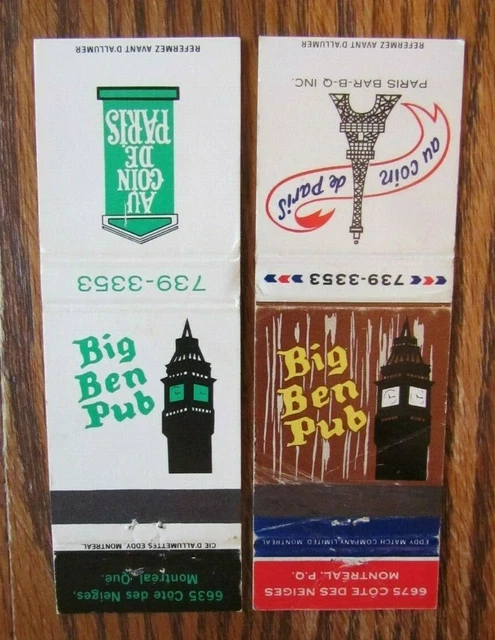Big Ben Landmark Matchbook Matchcovers: Big Ben Pub (Montreal, Quebec) -E2