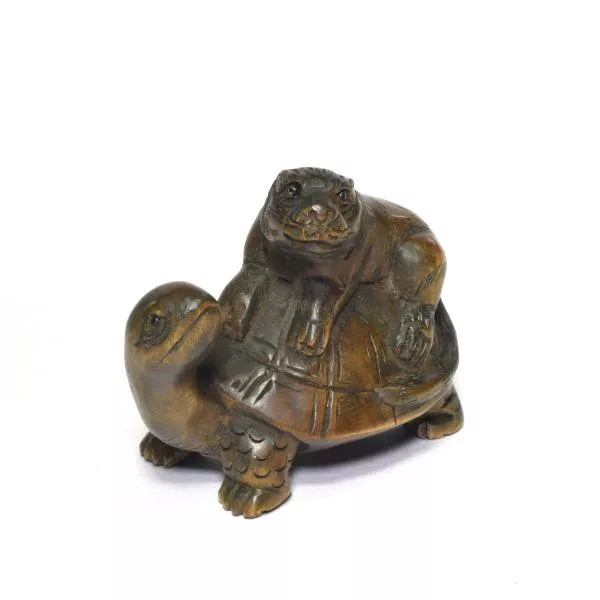 Netsuke Antique Tiger Turtle Signed Japanese Boxwood carved inro Ojime Edo 9182