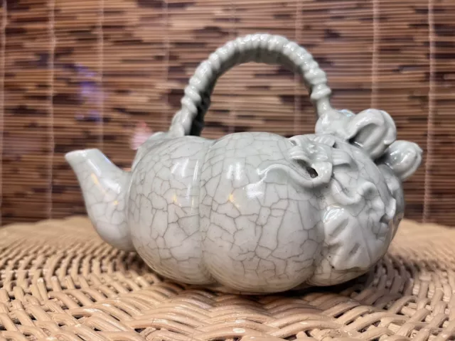 Chinese Song Hutian Kiln Porcelain Celadon Glaze Pumpkin Shape Teapot 4.92 inch