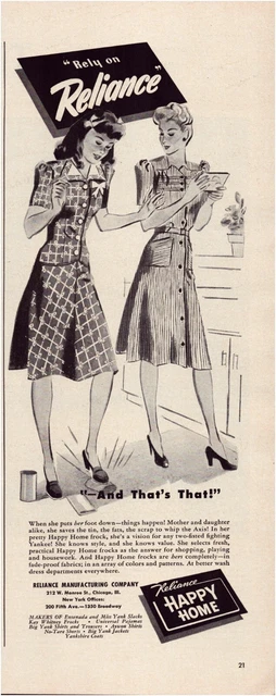 Print Ad Reliance Dress 1942 WW2 Half-Page Magazine 5"'x12"