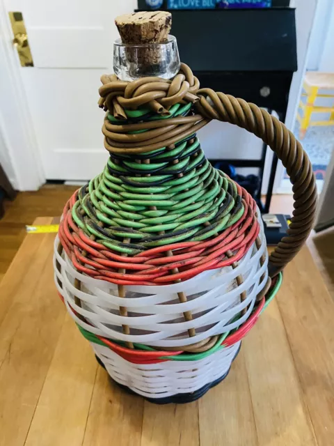Vintage Plastic Wicker Wrapped Glass Demijohn  Bottle Handled Decanter Original