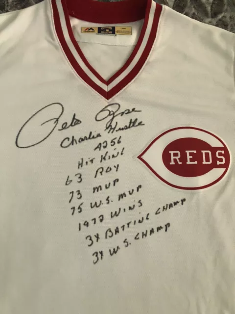 Pete Rose Signed Cincinnati Reds Majestic Jersey With 9 Inscriptions!! NWT & COA