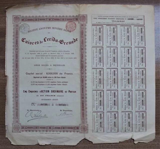 Action De 500 Francs Societe Miniere Belge Des Cuivres De Lerida Grenade 1895