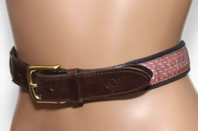 Vineyard Vines Pink Webbing & Brown Leather Golf Belt - Size 32 - Made in USA