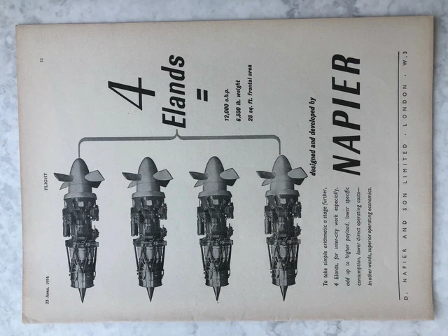 1954 Aircraft Advert 4 ELANDS NAPIER PROPELLER TURBINE ENGINE INTER-CITY LIGHT