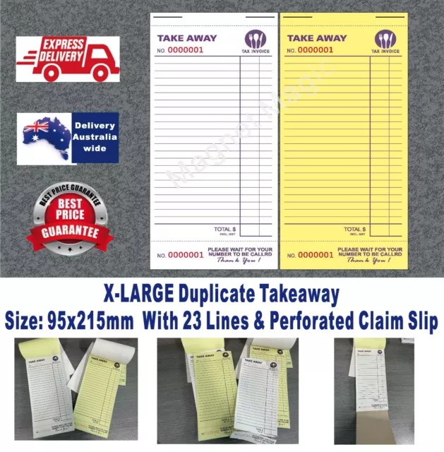 100 X-LARGE Duplicate Takeaway Restaurant Docket Books w Tax Invoice Free Post