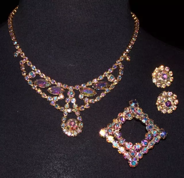 Vintage Aurora Borealis Necklace Brooch & Earrings Demi Parure Set/Rhinestones
