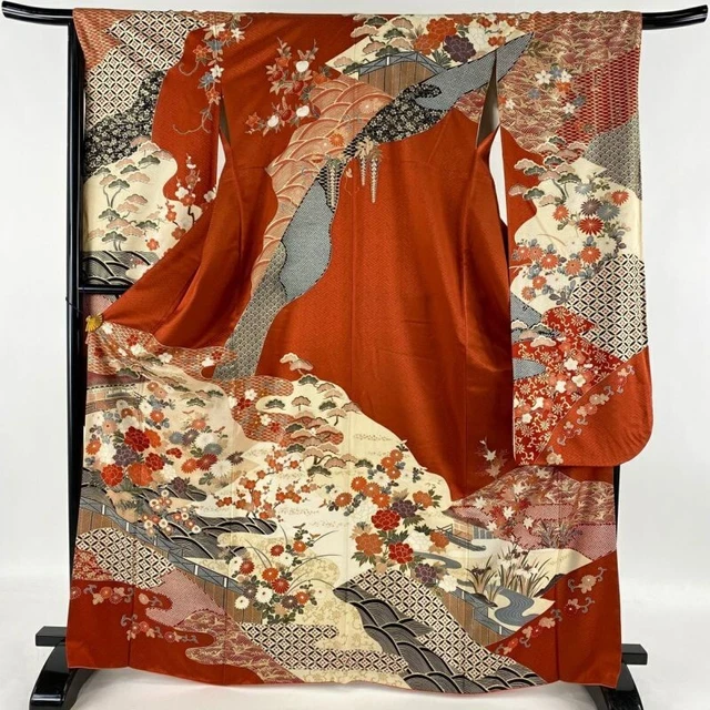Japanese Kimono Furisode Pure Silk Building Flower Gold Paint Vermilion Color