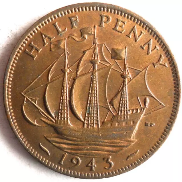 1943 GREAT BRITAIN 1/2 PENNY - Excellent Coin - FREE SHIP - Vintage Bin #23