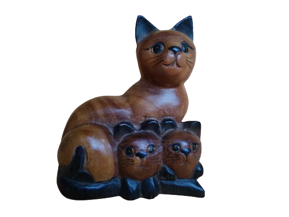 GATTO CON 2 CUCCIOLI in legno intagliato e dipinto a mano sculture animali