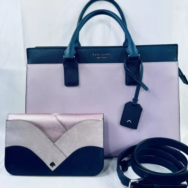 Kate Spade Large Cameron Satchel Lavender/Blue Colorblock Bag W/ Matching Wallet