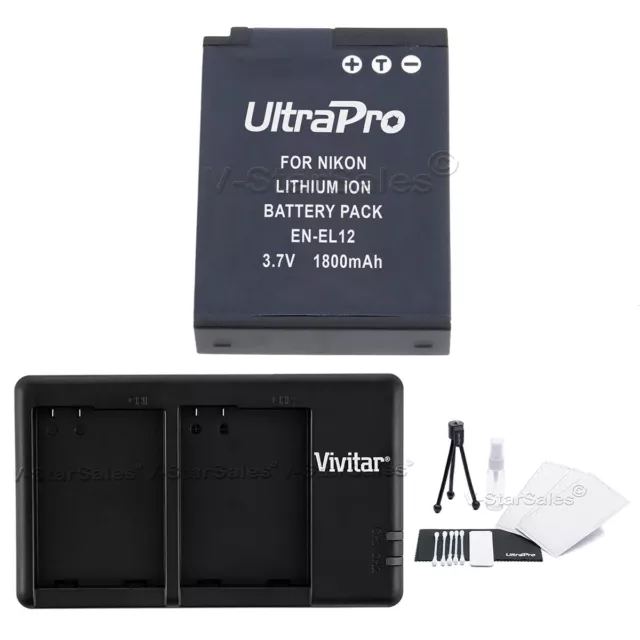 EN-EL12 Replacement Battery + USB Dual Charger for Nikon AW100 AW110 P330 S31