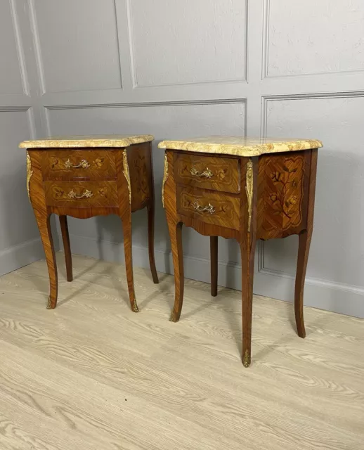 Pair of French Marble Kingwood Bedside Tables - UK Delivery Available