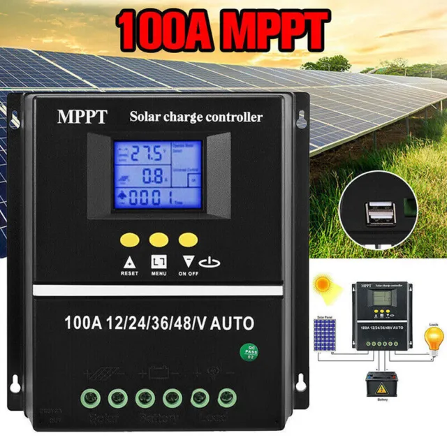 60A-100A MPPT Solar Panel Regulator Charge Controller Auto 12/24/36/48V Dual USB