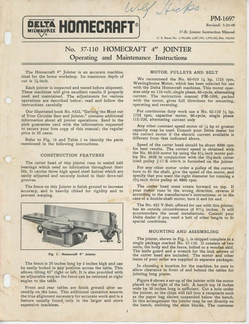 1948 Delta Milwaukee Homecraft 4" Jointer 37-110 Manual Tool Woodworking MC1