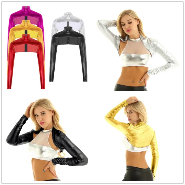 Women Metallic Cardigan Bolero Shrug Long Sleeve Shiny Open Crop Top Dance Party