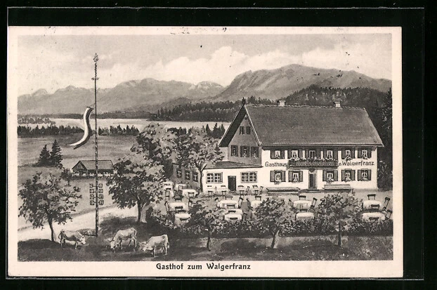 Künstler-AK Hans Pernat unsign.: Bad Tölz, Gasthof zum Walgerfranz mit Garten u