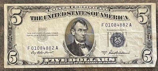 silver certificate five dollar 1953 series A blue stamp 