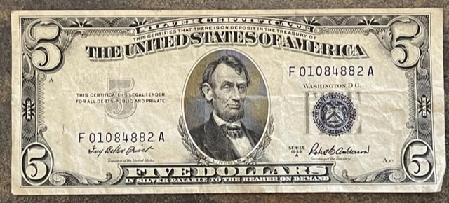 silver certificate five dollar 1953 series A blue stamp 