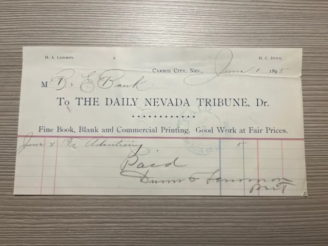 The Daily Nevada Tribune Receipt 1895 Carson City NV The Bullion And Exchange B