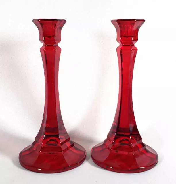 Set of 2 Indiana Glass Vintage Red Taper Candle Holder Candlesticks 7.5"