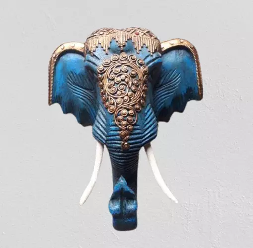 Wood Elephant Head Blue Thai Hand Carved  Wall Art Home Decor Collectible