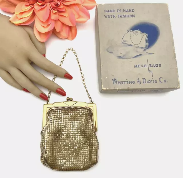 Whiting & Davis Mesh Purse, Gold w/Original Box and Mirror, Top Handle VTG 40's